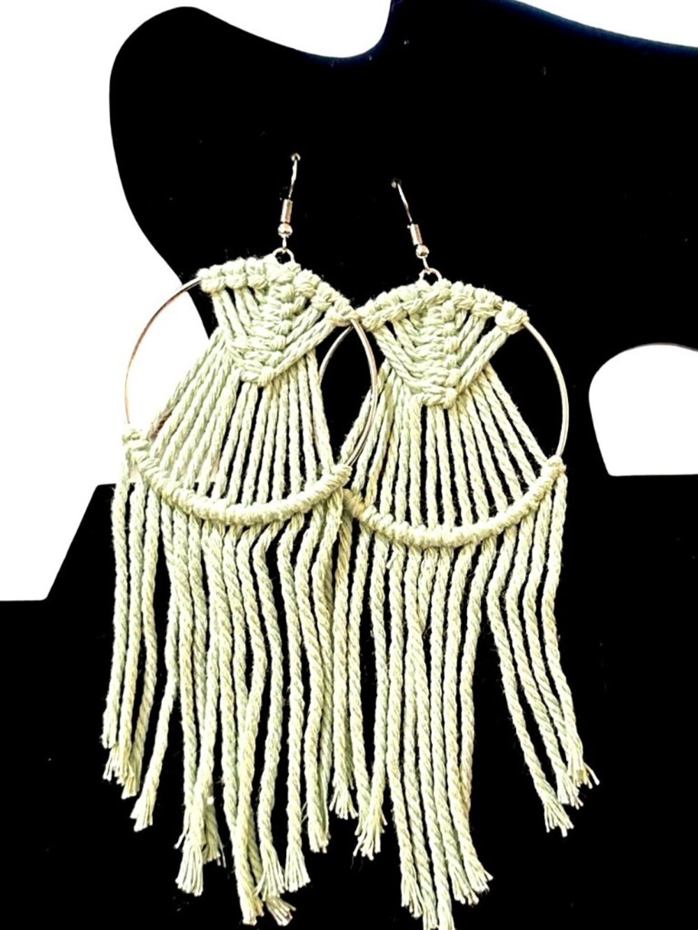 Macrame Hoop Earrings With Fringe In Light Green Handmade Boho Jewelry For Women